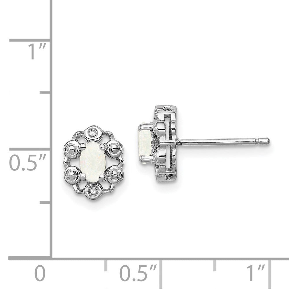 Sterling Silver Rhodium-plated Created Opal & Diam. Button Stud Earrings