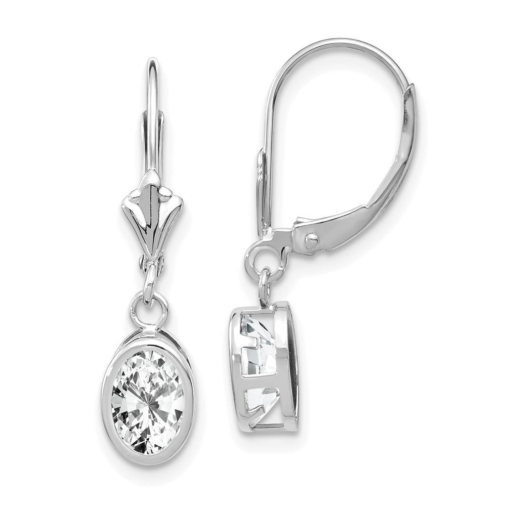 14k White Gold 7x5mm Oval Cubic Zirconia Leverback Dangle Earrings