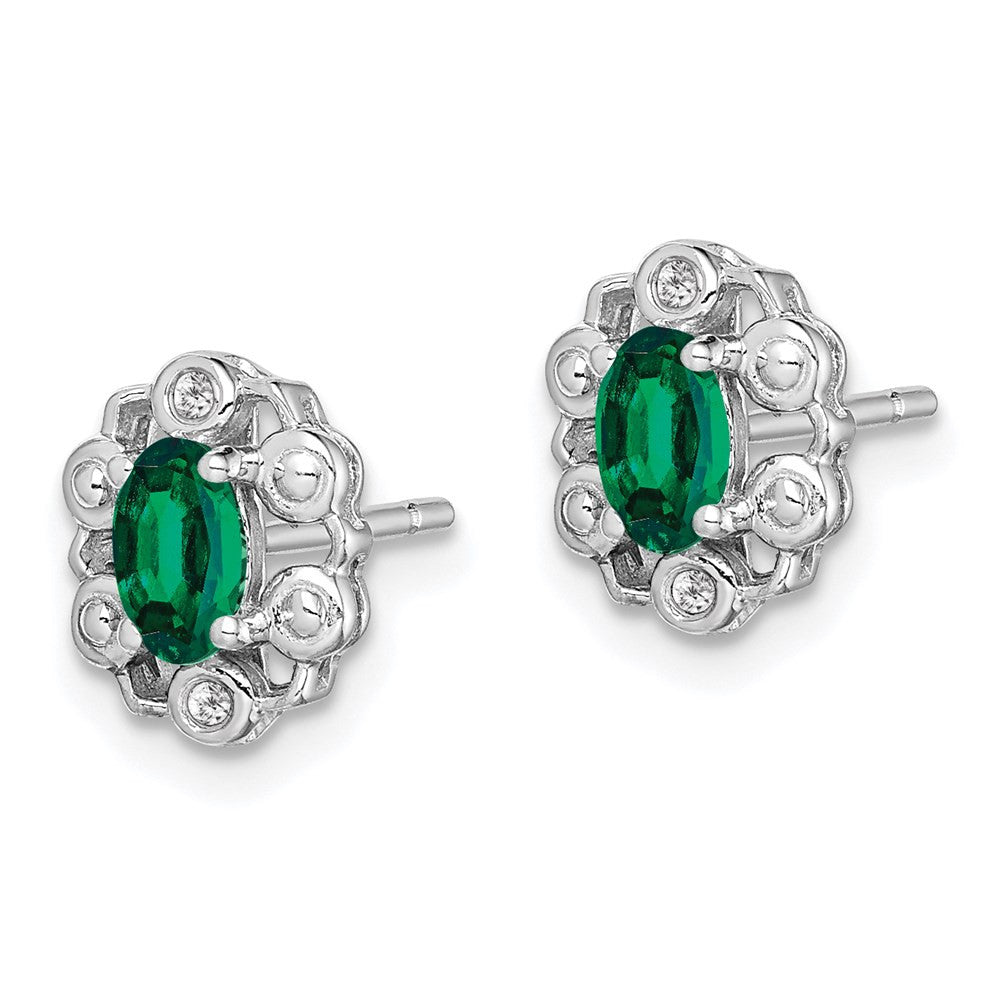 Sterling Silver Rhodium-plated Created Emerald & Diam. Button Stud Earrings