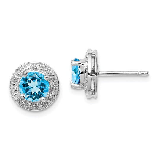 Sterling Silver Rhodium Plated Diamond and Blue Topaz Button Stud Earrings