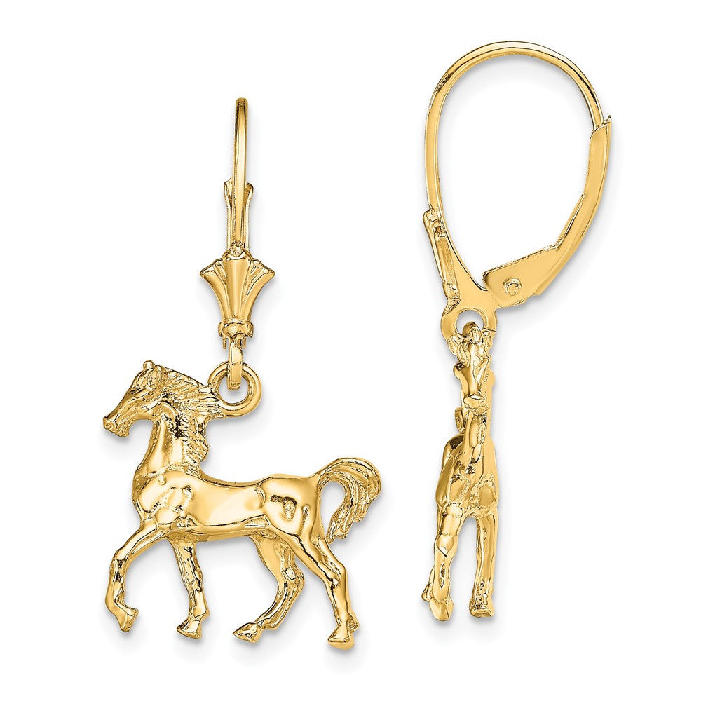 14k Yellow Gold 3-D Polished Leverback Horse Drop & Dangle Earrings