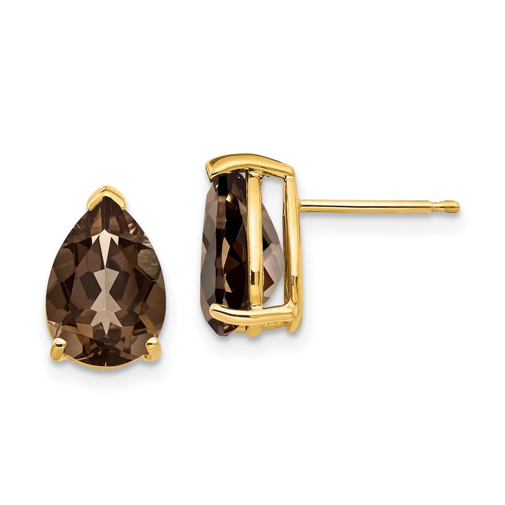 14k Yellow Gold 10x7 Pear Smoky Quartz Stud Earrings