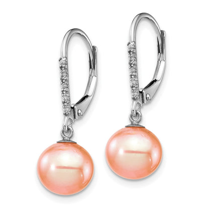 14k Gold 8-9mm Pink Freshwater Cultured Pearl and Diamond Dangle Earrings