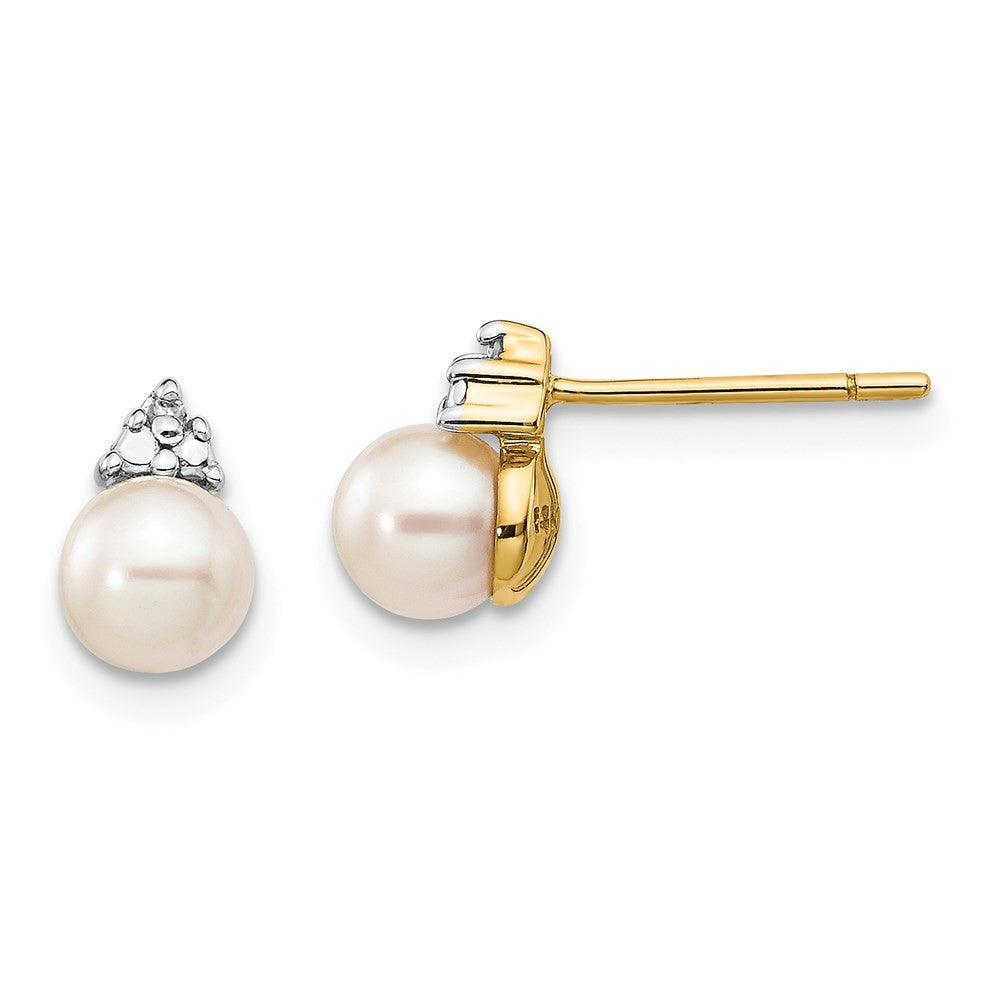 14k Yellow Gold 5-6mm White Round FWC Pearl .01ct Diamond Stud Earrings