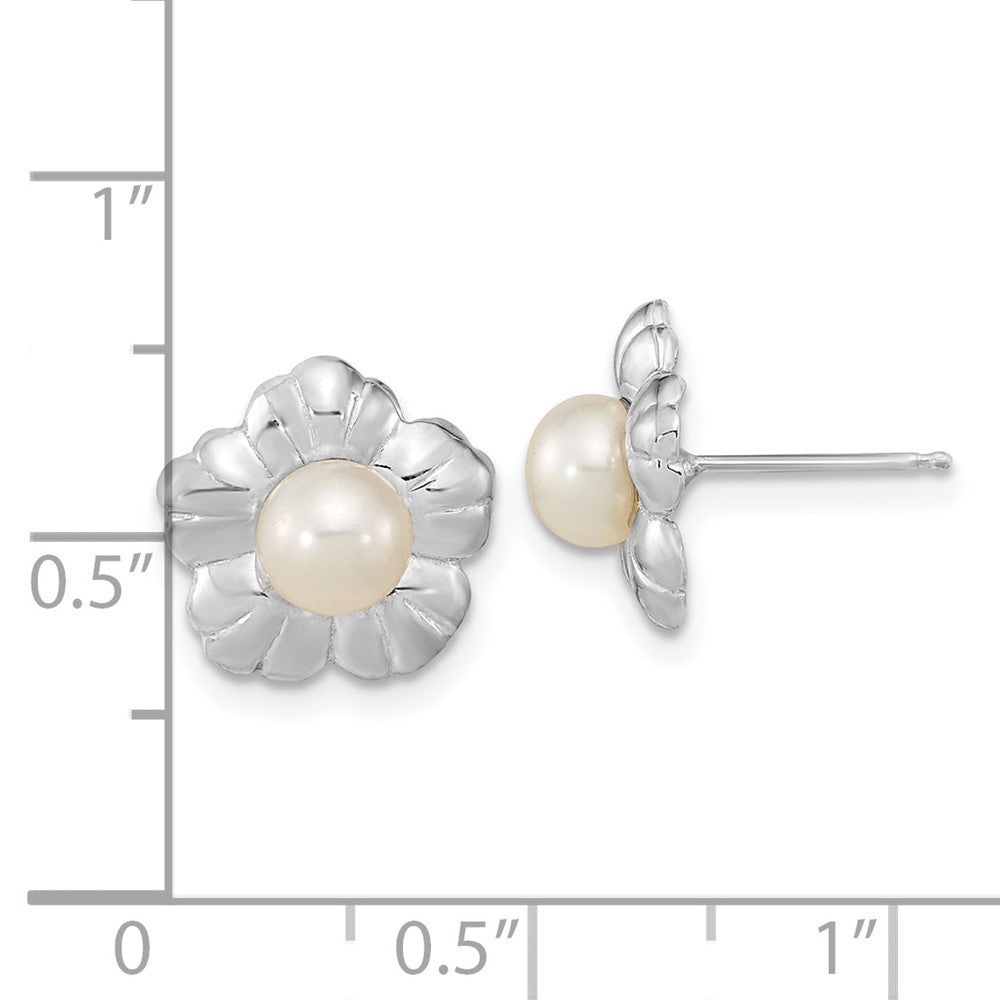14k White Gold 5-6mm White Button Freshwater Cultured Pearl Flower Stud Earrings