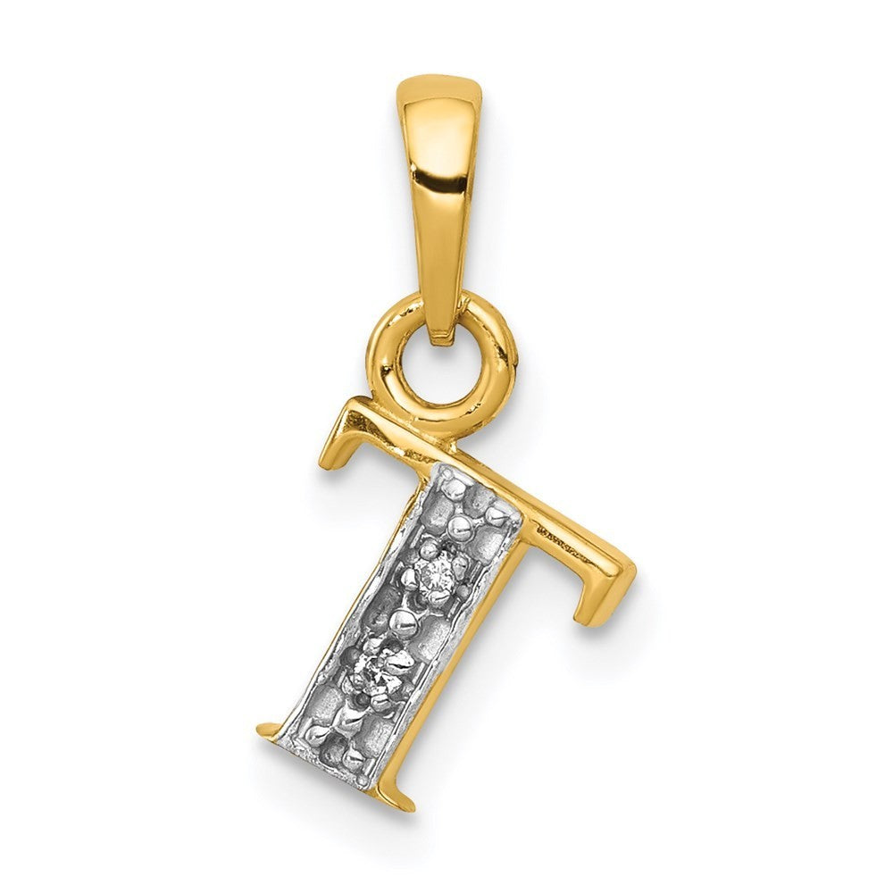 14k Yellow Gold with Rhodium Diamond Letter T Initial Pendant