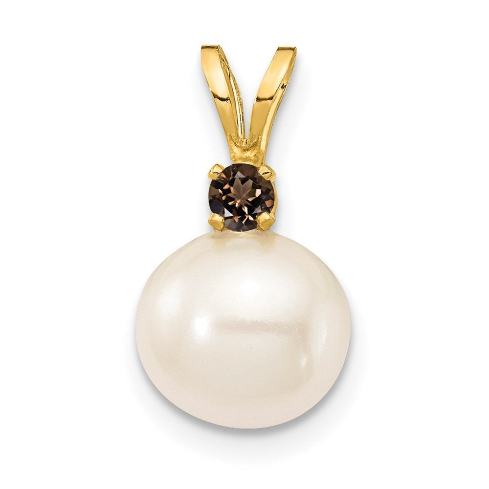 14k Yellow Gold 8-8.5mm Round Freshwater Cultured Pearl & Smoky Quartz Pendant