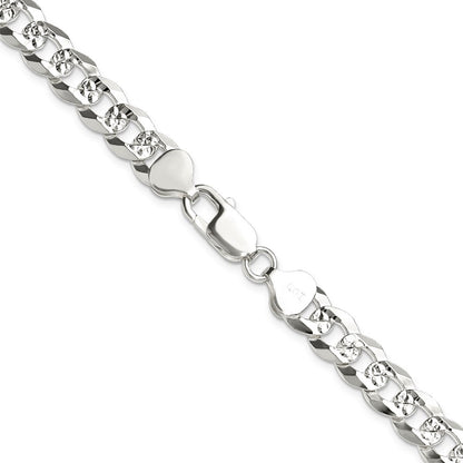 Sterling Silver 8.25mm Flat Diamond-Cut Pave Curb Chain Necklace 20"