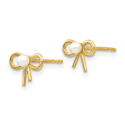 14k Yellow Gold FW Cultured Pearl Children's Bow Button Stud Earrings