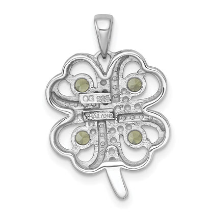 Sterling Silver Rhodium Polished Peridot and White Topaz 4-Leaf Clover Pendant