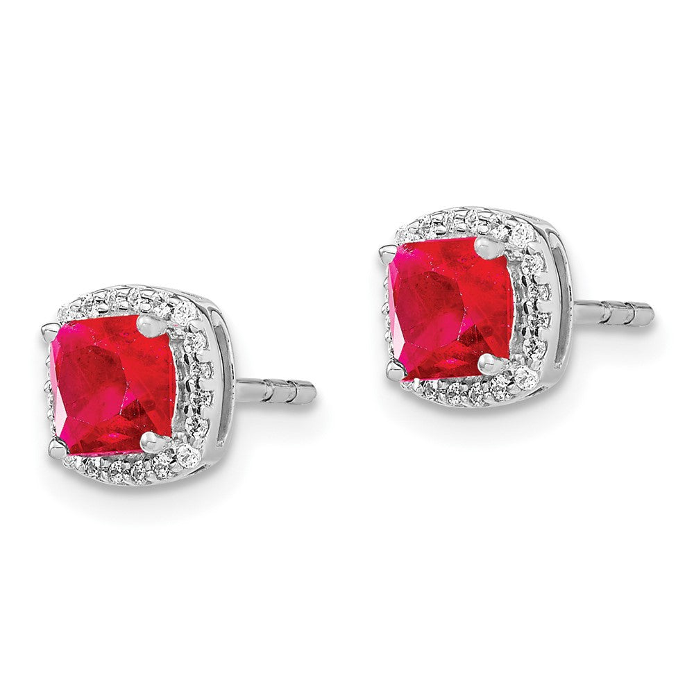 14k White Gold Cushion Ruby and Diamond Halo Stud Earrings