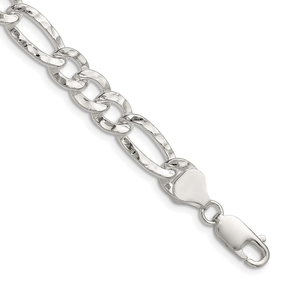 Sterling Silver 7.6mm Hammered Figaro Chain Necklace 22"