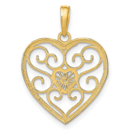 14k Yellow Gold Rhodium Filigree Beaded Heart Charm Pendant