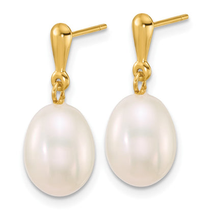 14k Yellow Gold Polished 8-9mm Rice Freshwater Cultured Pearl Dangle Earrings