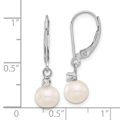14k White Gold 8mm Round Freshwater Cultured Pearl & Diamond Dangle Earrings