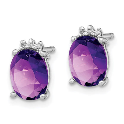 Sterling Silver Rhodium Plated Oval Amethyst and Diamond Button Stud Earrings