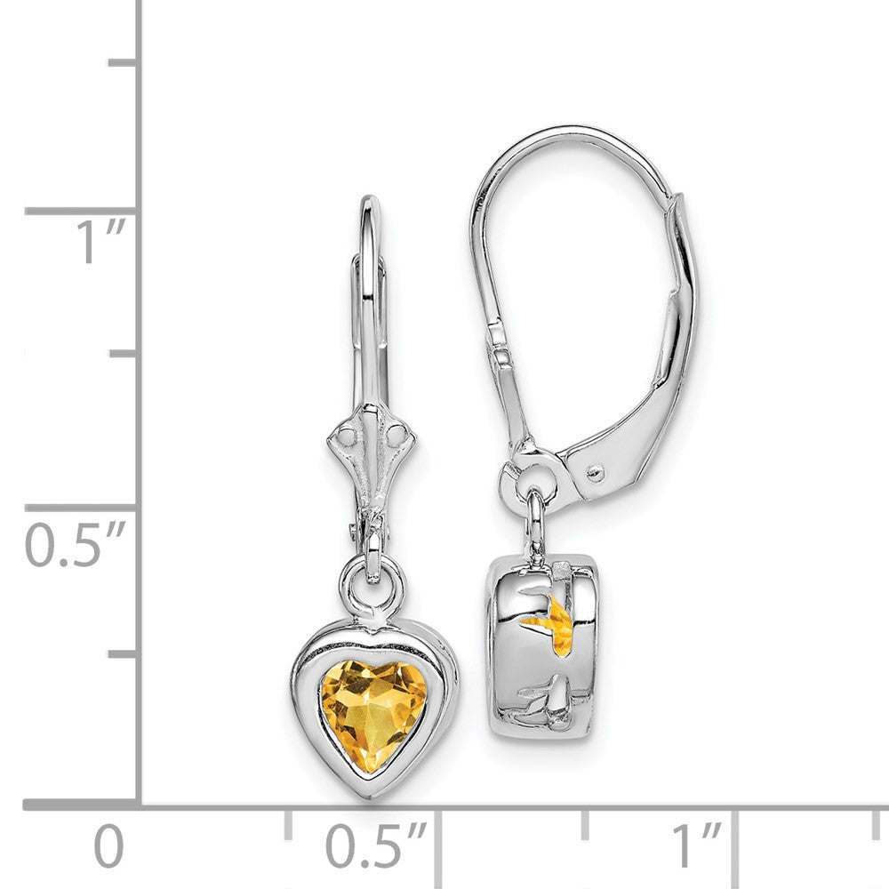 Sterling Silver Rhodium Plated 6mm Heart Citrine Leverback Dangle Earrings