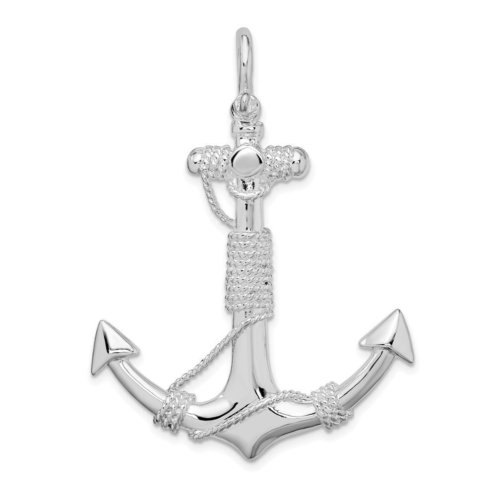 Sterling Silver Rhodium-Plated Polished Anchor with Rope Pendant