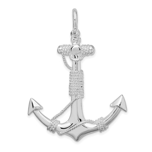 Sterling Silver Rhodium-Plated Polished Anchor with Rope Pendant