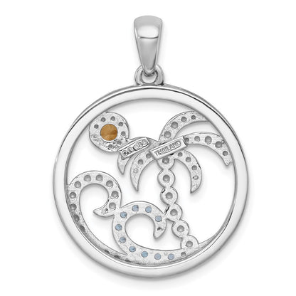 Sterling Silver Rhodium Beaded Citrine & Blue Topaz Beach Scene Circle Pendant