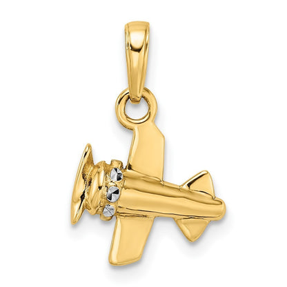 14k Yellow Gold White Rhodium 3D Diamond-cut Airplane Pendant