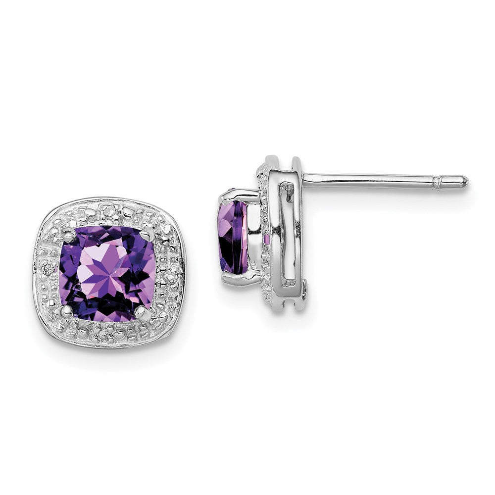 Sterling Silver Rhodium Plated Amethyst and Diamond Button Stud Earrings