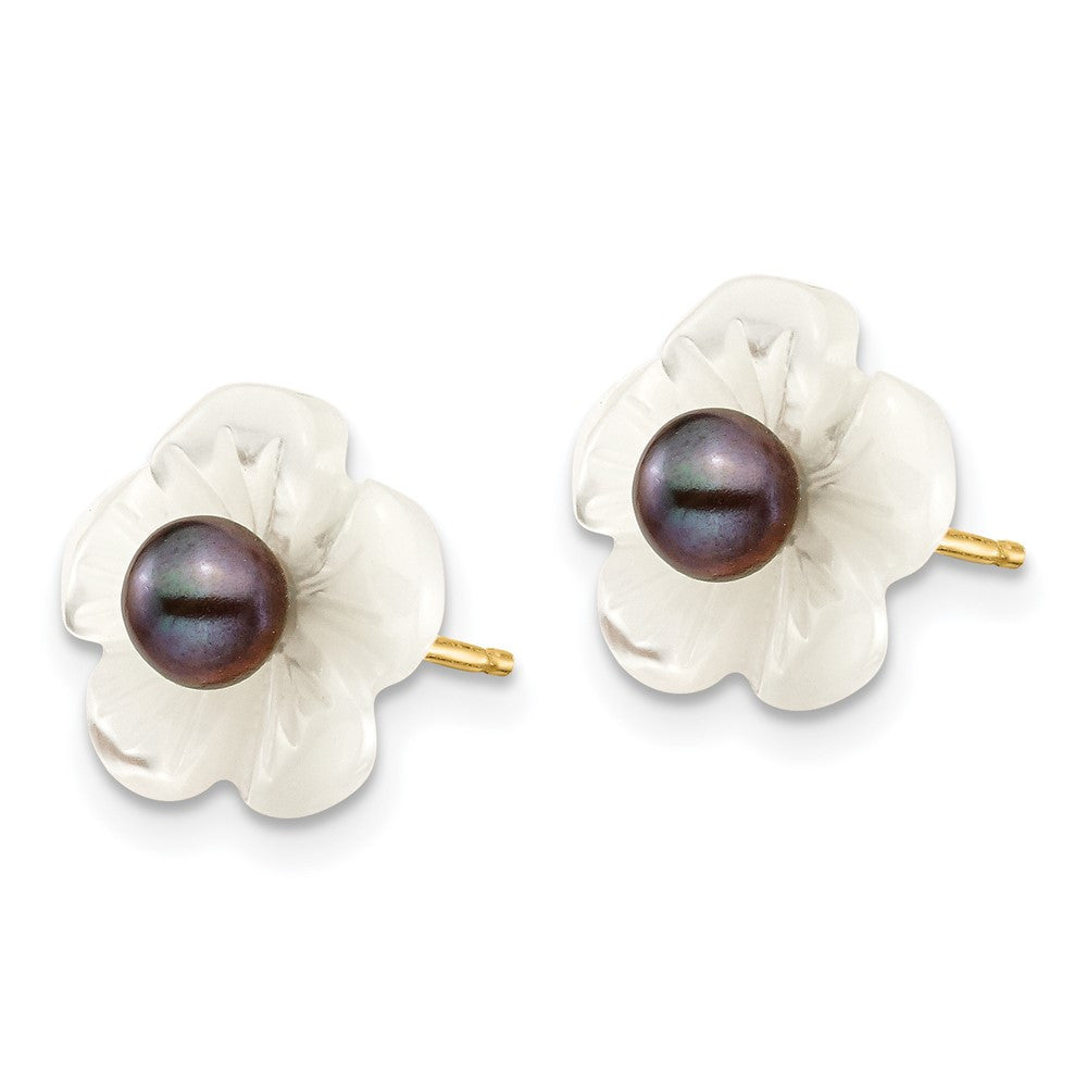14k Yellow Gold 4mm Black Cultured Pearl & Mother of Pearl Flower Stud Earrings