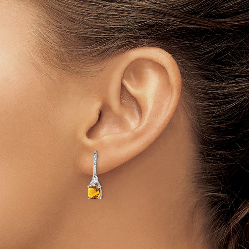Sterling Silver Rhodium Plated Diamond and Citrine Dangle Earrings