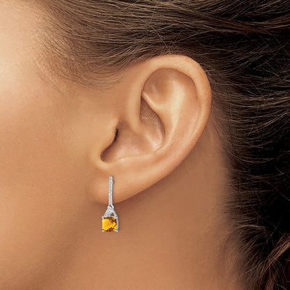 Sterling Silver Rhodium Plated Diamond and Citrine Dangle Earrings