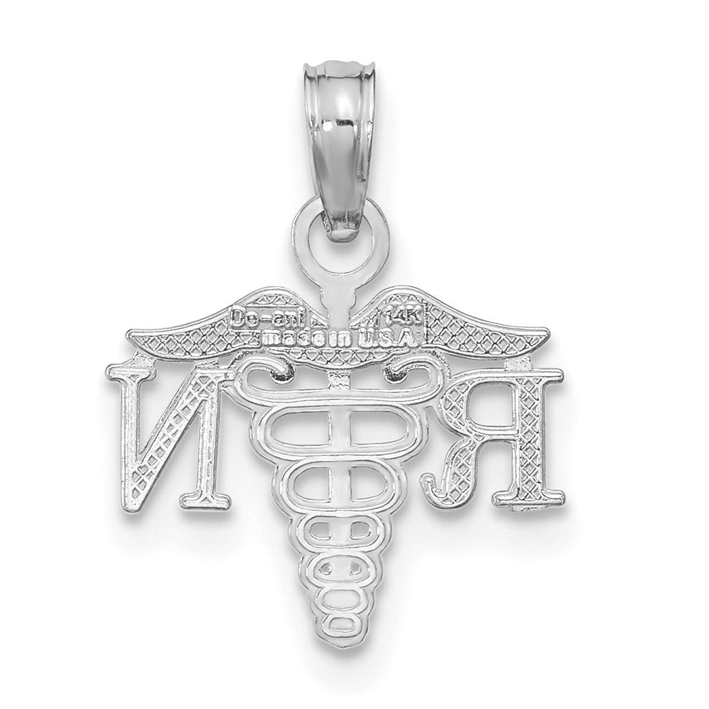 14k White Gold White Textured RN Caduceus Charm Pendant