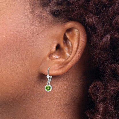 Sterling Silver Rhodium Plated 6mm Round Peridot Leverback Dangle Earrings