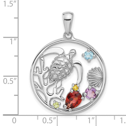 Sterling Silver Rhodium-plated Polished Rainbow Gemstone Sea Turtle Pendant