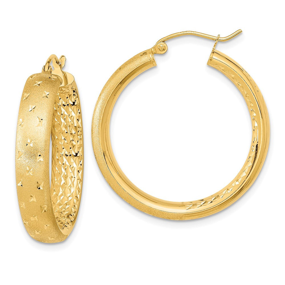 14k Yellow Gold Polished Satin and Diamond-cut Hoop Earrings