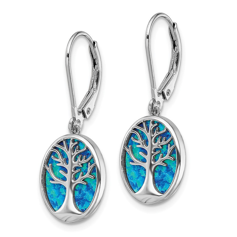 Sterling Silver Rhod-plated Creat Opal Tree of Life Leverback Dangle Earrings