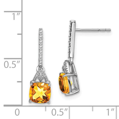 Sterling Silver Rhodium Plated Diamond and Citrine Dangle Earrings