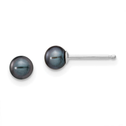 14k White Gold 4-5mm Black Round Freshwater Cultured Pearl Stud Earrings