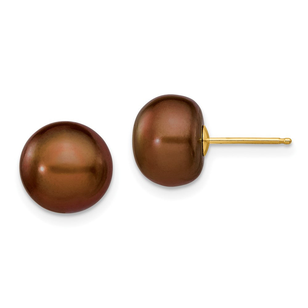 14k Yellow Gold 9-10mm Brown Button Freshwater Cultured Pearl Stud Earrings