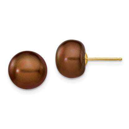 14k Yellow Gold 9-10mm Brown Button Freshwater Cultured Pearl Stud Earrings