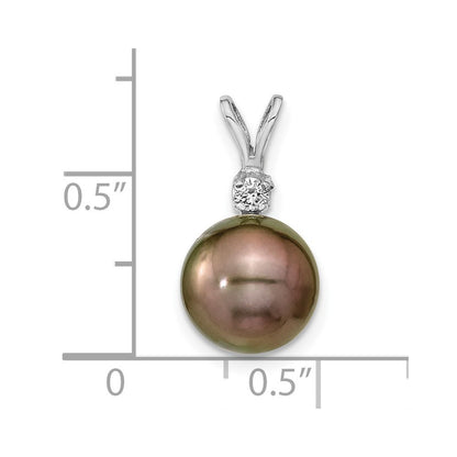 14k White Gold 9-10mm Round Tahitian Saltwater Cultured Pearl & Diamond Pendant