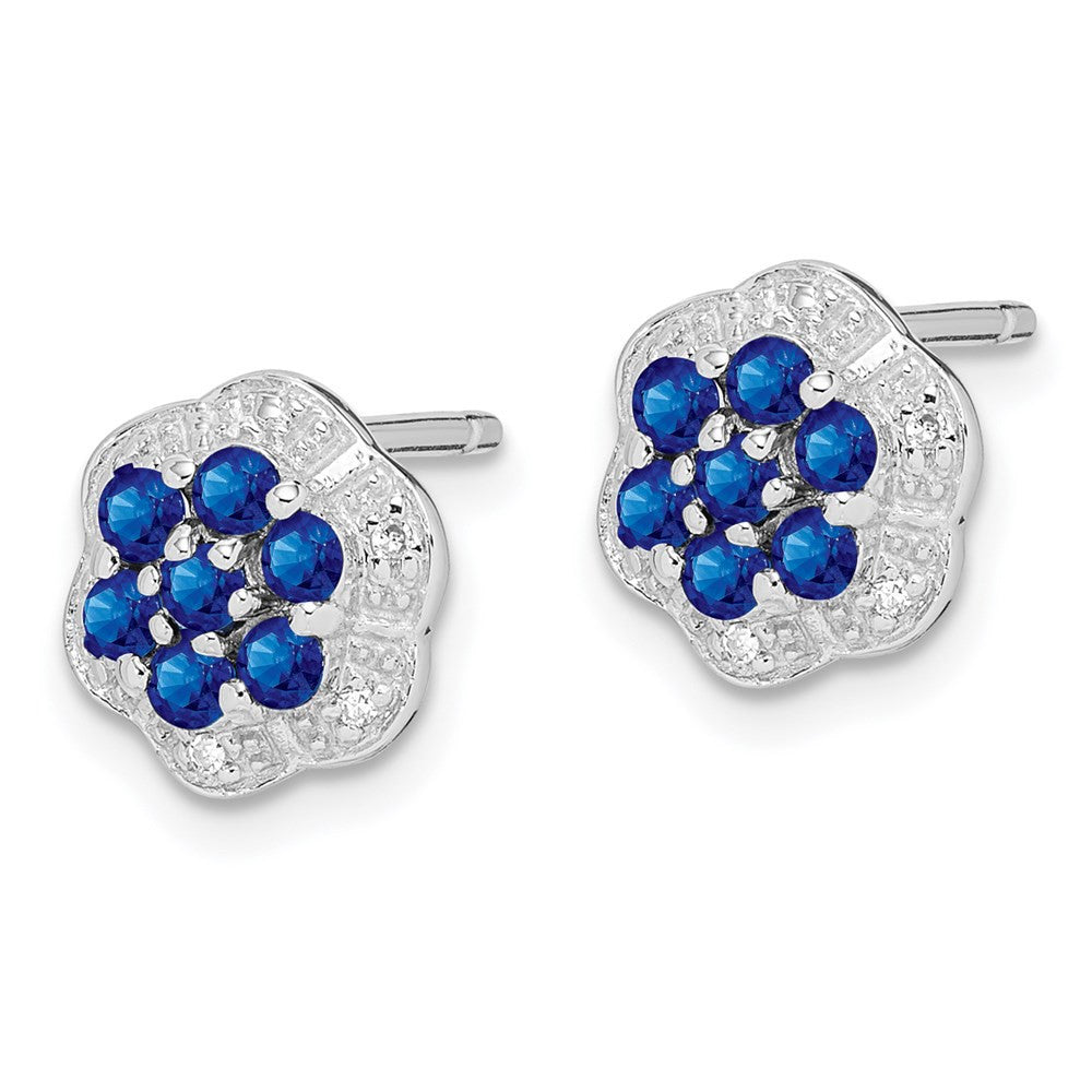 Sterling Silver Rhodium Sapphire & Diamond Button Stud Earrings