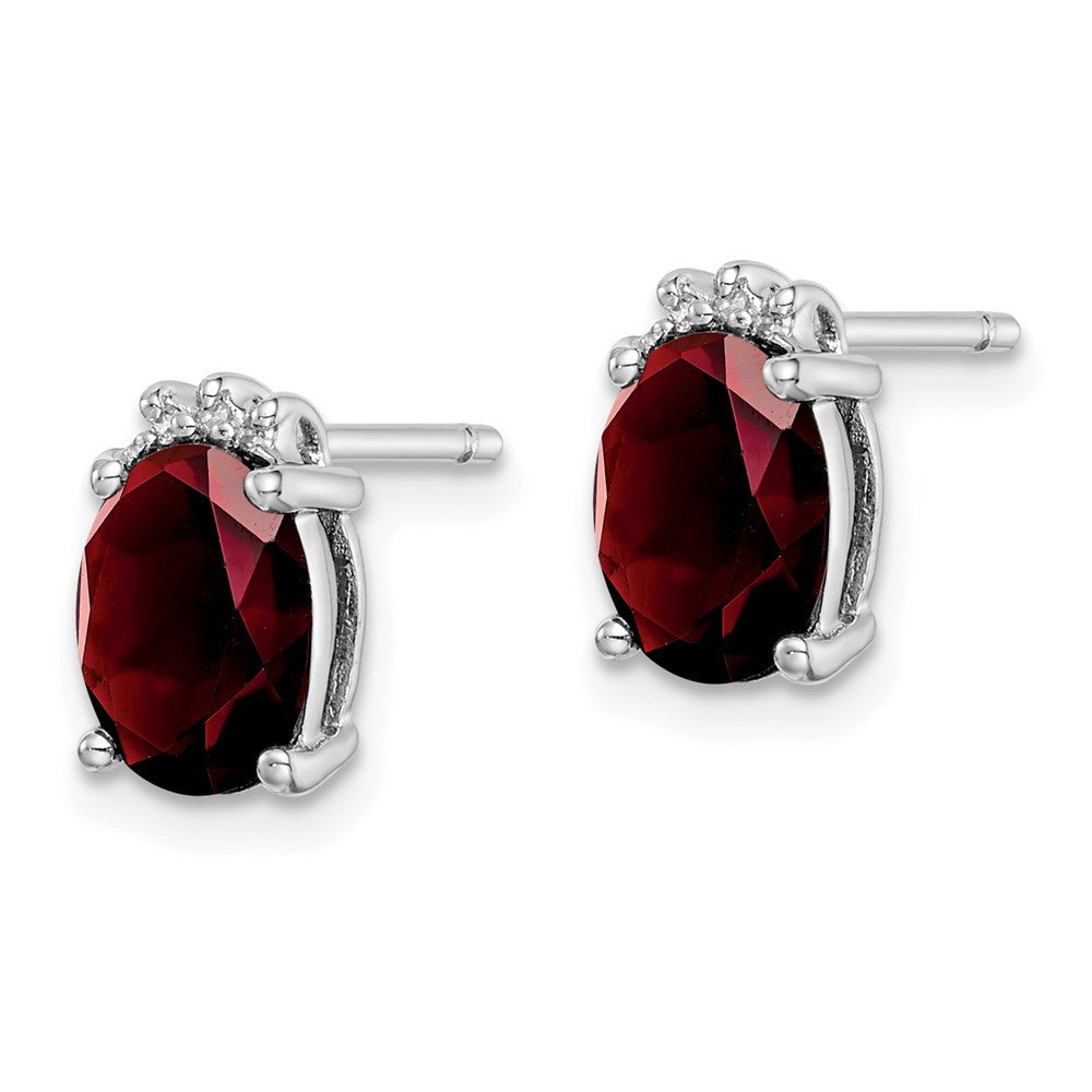 Sterling Silver Rhodium Plated Oval Garnet and Diamond Button Stud Earrings