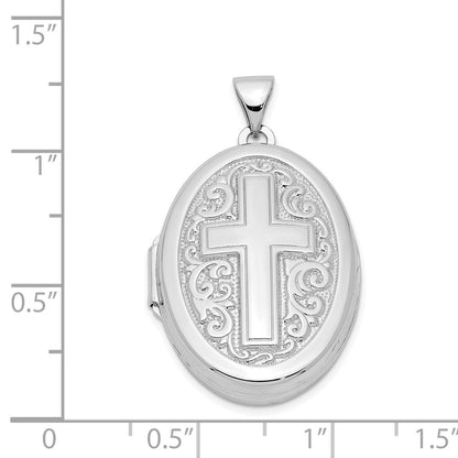 Sterling Silver Rhodium-plated Oval Cross Locket Pendant
