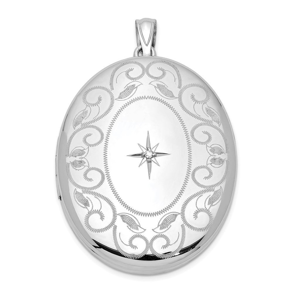 Sterling Silver Rhodium-plated Diamond w/ Swirl Border 34mm Oval Locket Pendant