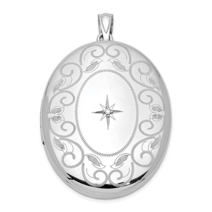 Sterling Silver Rhodium-plated Diamond w/ Swirl Border 34mm Oval Locket Pendant