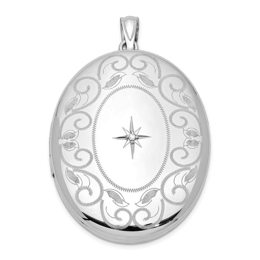 Sterling Silver Rhodium-plated Diamond w/ Swirl Border 34mm Oval Locket Pendant