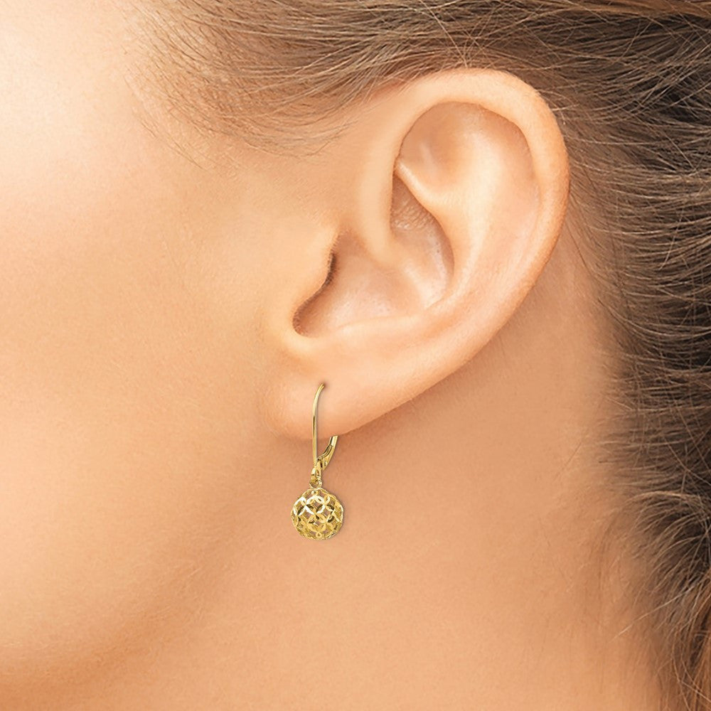 14k Yellow Gold Diamond-cut Bead Dangle Leverback Earrings