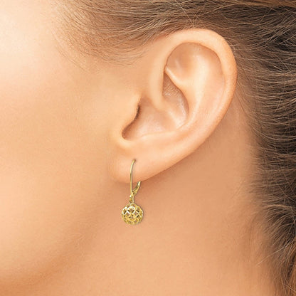 14k Yellow Gold Diamond-cut Bead Dangle Leverback Earrings