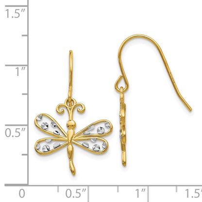 14k Yellow Gold & Rhodium Diamond-cut Dragonfly Shepherd Hook Dangle Earrings