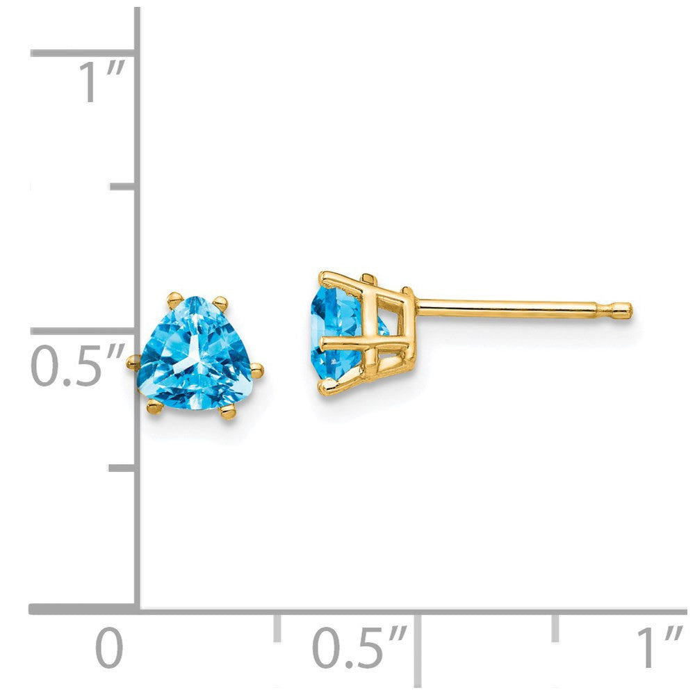 14k Yellow Gold 5mm Trillion Blue Topaz Stud Earrings