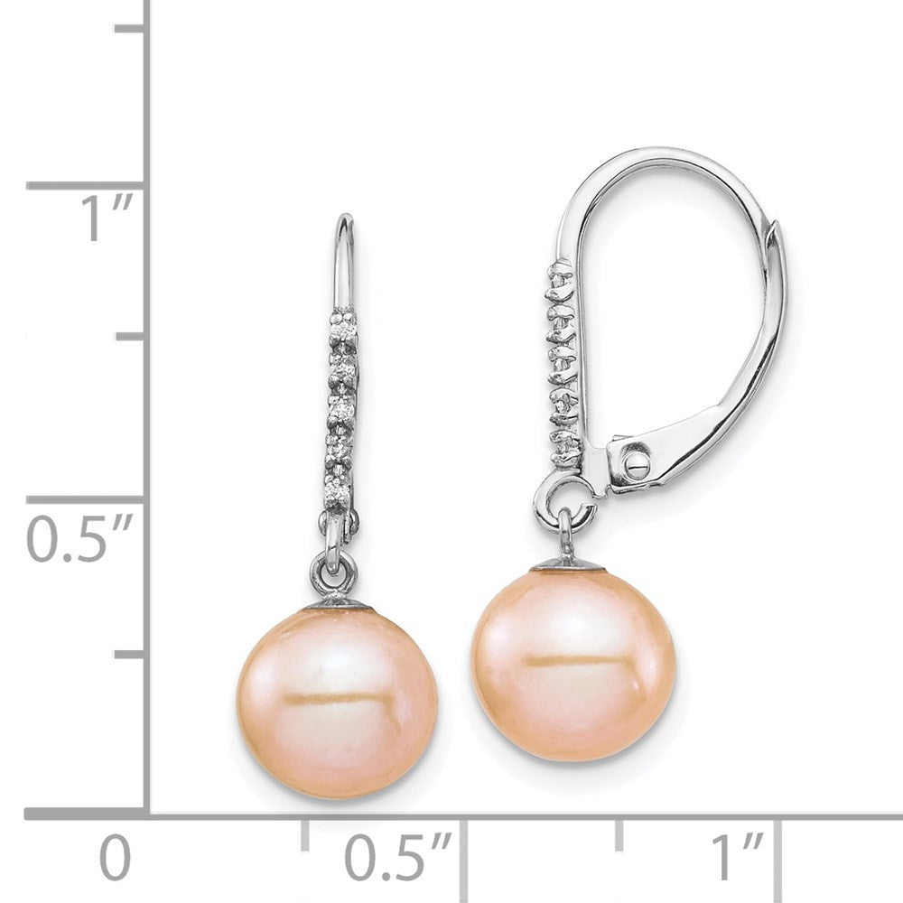 14k Gold 8-9mm Pink Freshwater Cultured Pearl and Diamond Dangle Earrings